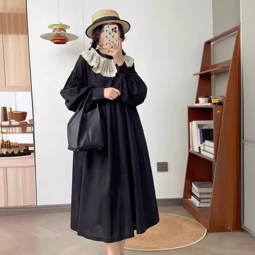 [Bereit auf Lager] Hochwertige Damen-Blusen-Hemdkleider aus 100 % Baumwolle, Lotusblatt-Kragen, lockeres, langes Kleid mit Fleischüberzug