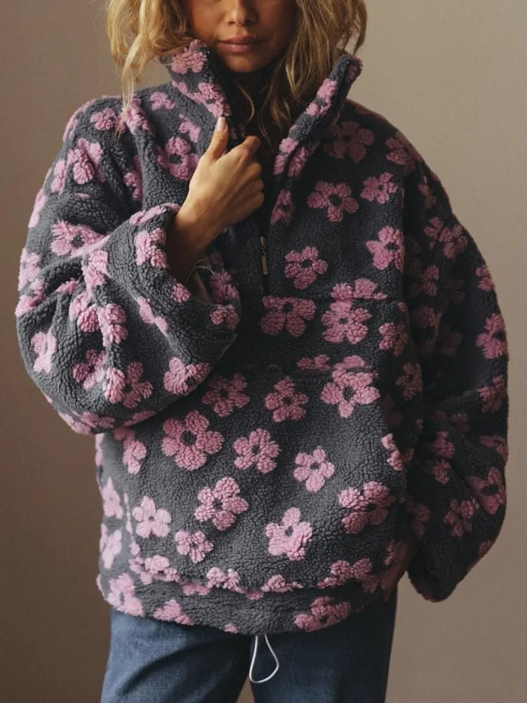 Autumn And Winter Fashion Warm Long-sleeved Sweatshirt Women's Fleece Flower Zipper Stand-up Collar Elegant Versatile Tops