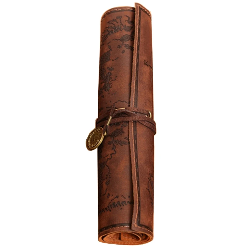 Treasure Map Leather Retro Pencil Pouch Cosmetic Bag Roll Pen Case Stationery