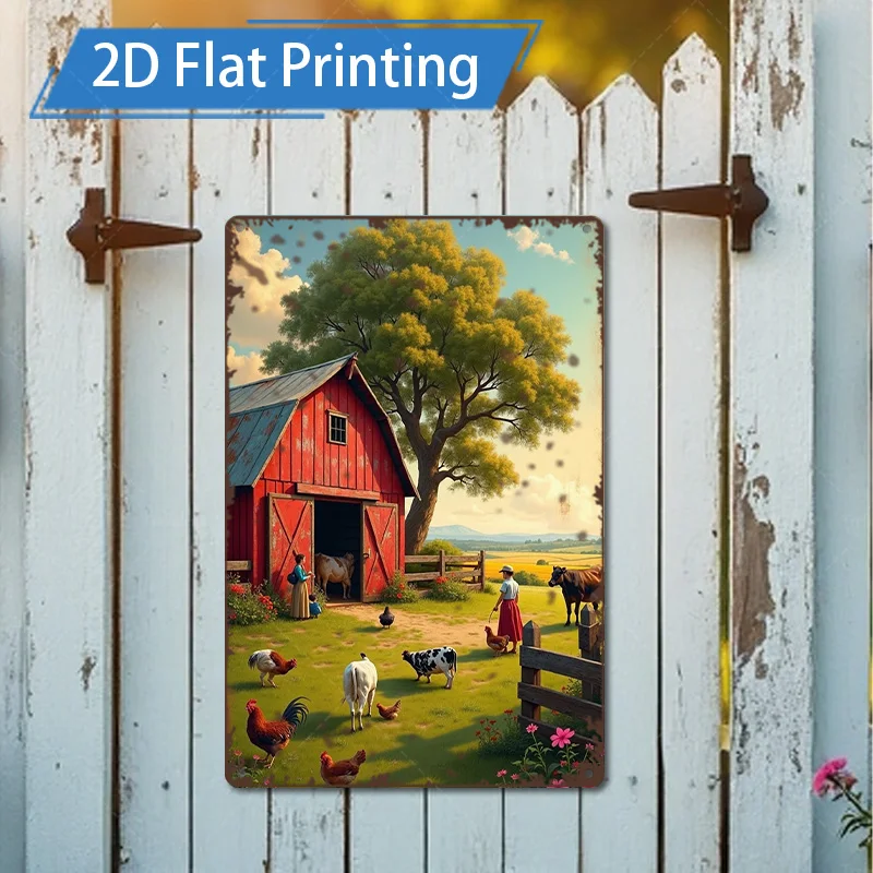1 قطعة 8x12 بوصة علامة معدنية مشهد المزرعة الريفية علامة معدنية | الحظيرة الحمراء والحيوانات | ديكور ريفي عتيق #1