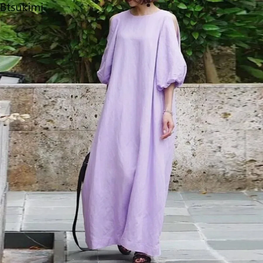 Robe longue en coton et lin pour femmes, couleur unie, lanterne, manches mi-longues, épaules dénudées, élégante, Maxi, décontractée, nouvelle collection