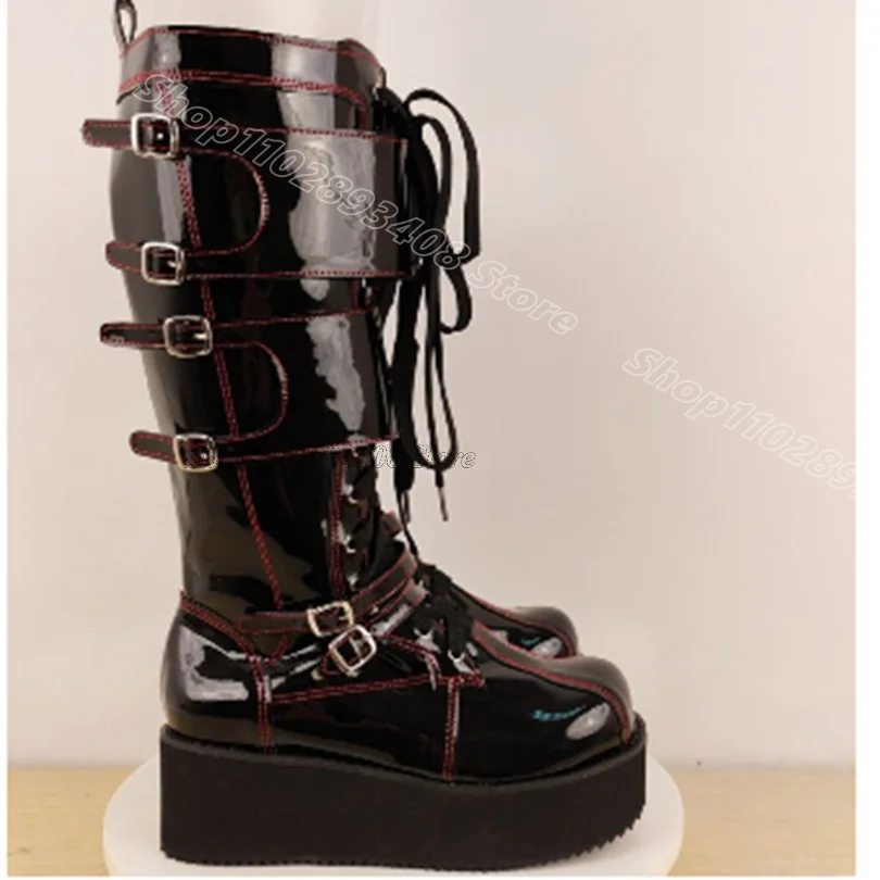 

Black Punk Style Knee Boots Round Toe Wedges Heels Patent Leather Women Fashion Dress Party Knee Boots 2026 Zapatos Para Mujere