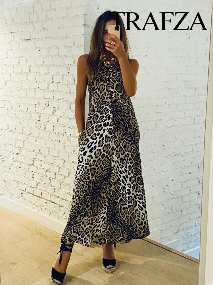 TRAFZA Women Summer Vintage Leopard Print O-Neck Sleeveless Sexy Midi Dress Female Fashion Back Zipper Slim Party Dress Mujer