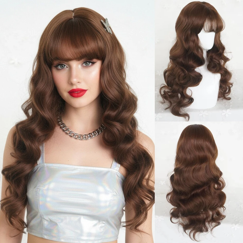 Women Long Brown Body Wave Wig with Straight Bangs High Temperature Heat Resistant Synthetic Hair for Daily & Cosplay Use