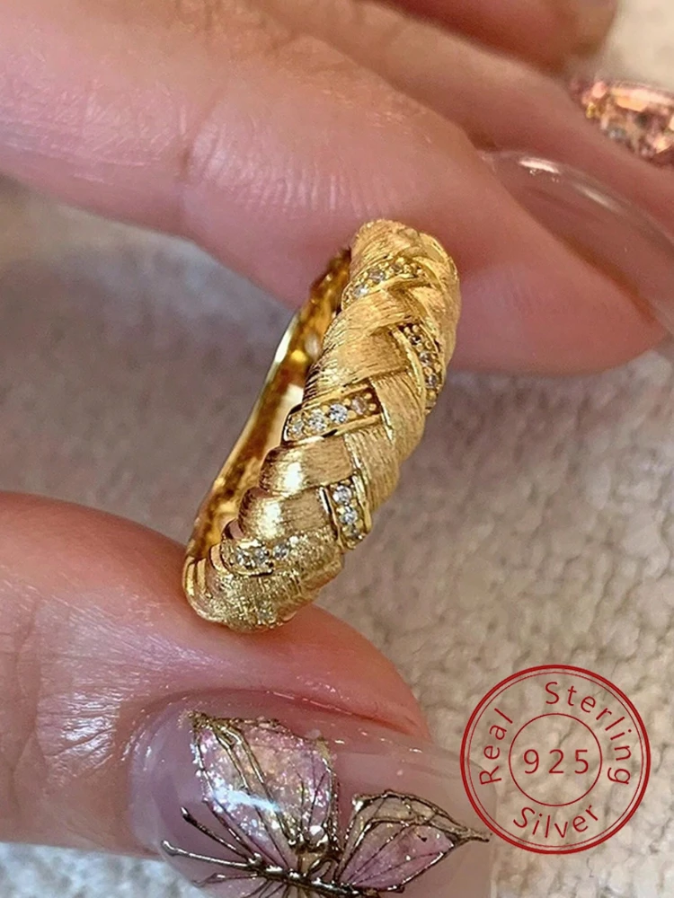 

925 Sterling Silver Fashion Brushed Fried Dough Twists Zircon Ring For Women Engagement Wedding Luxury High Quality Fine Jewelry