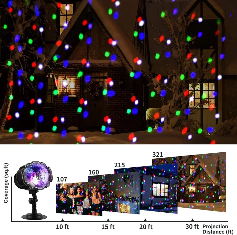 멀티 컬러 크리스마스 강설 프로젝터 라이트, 휴일 파티 프로젝터 램프, 야외 눈 플러리 풍경 스포트라이트, 원격