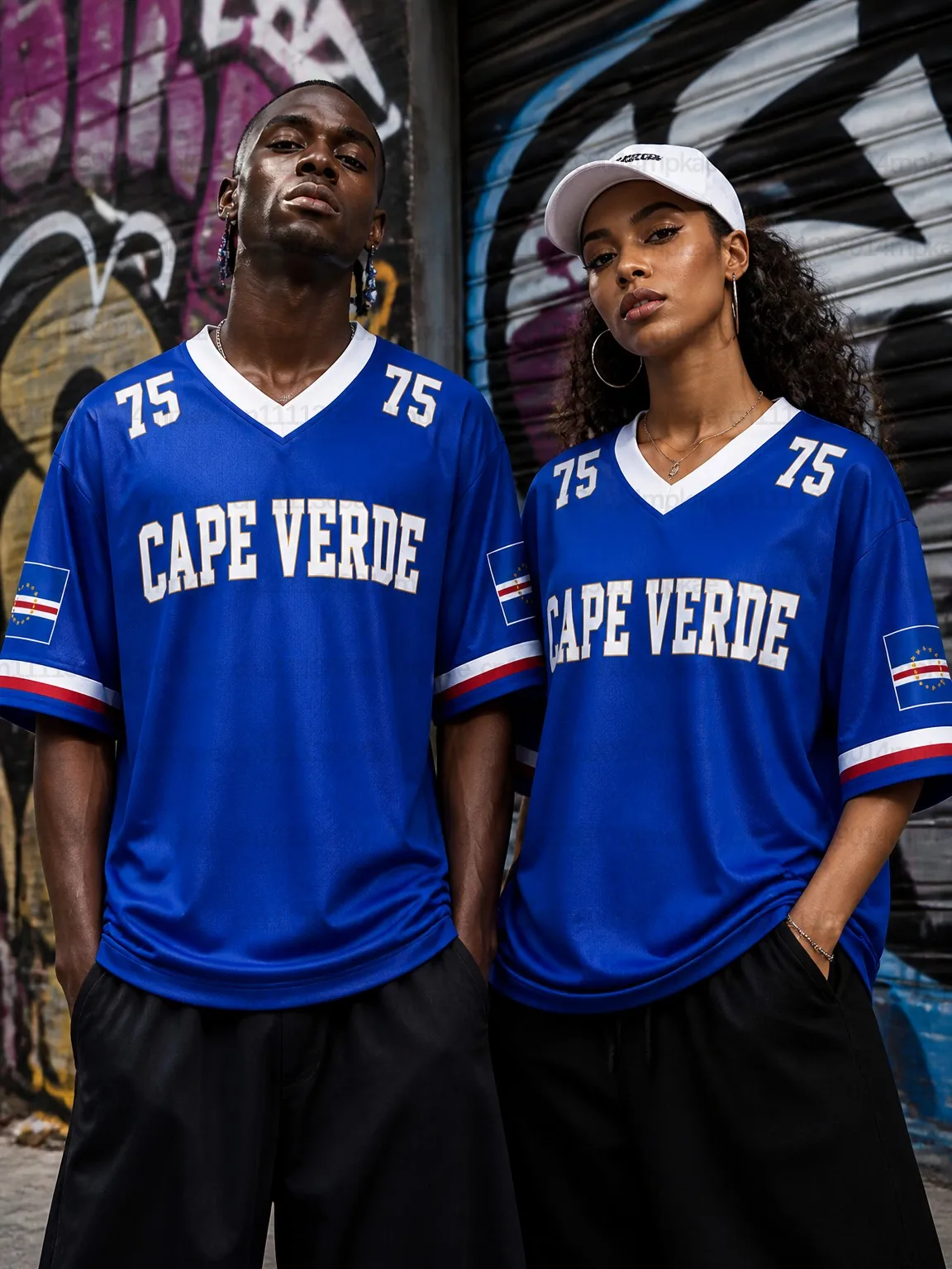 Cape Verde Men's and Women's Printed V-Neck Short-Sleeve Sweatshirt, Summer Casual Loose T-Shirt, Versatile Sports Jersey