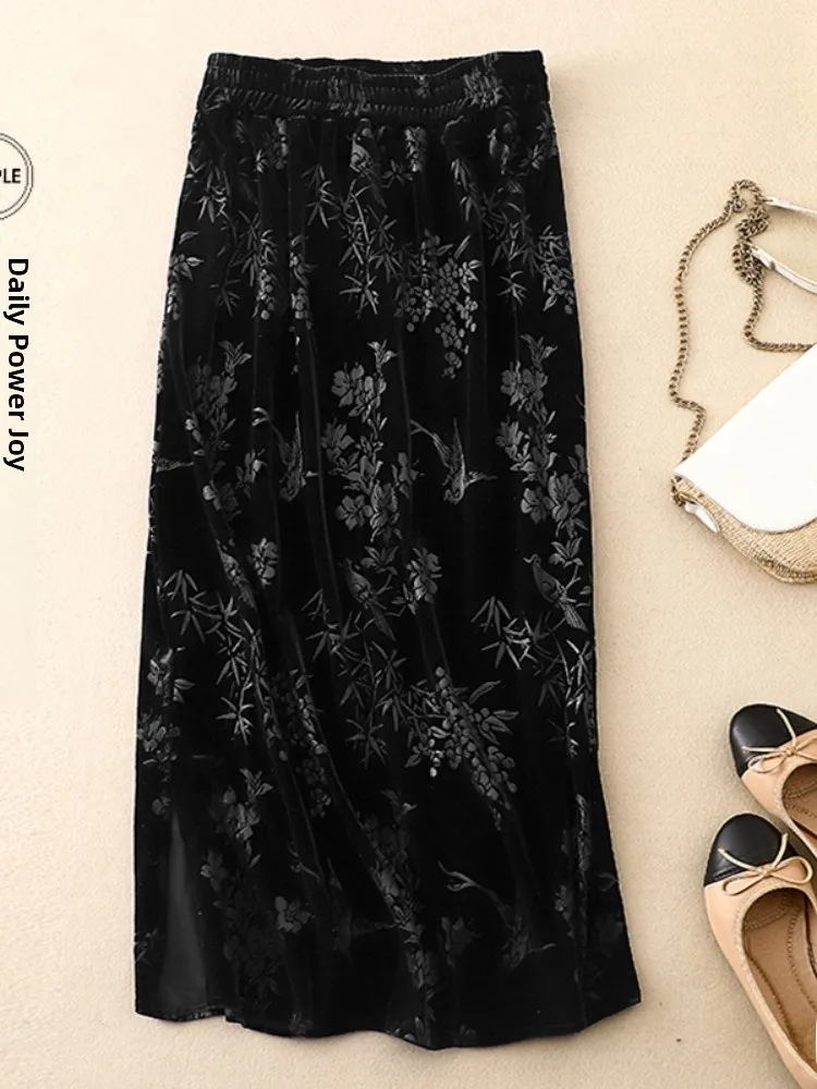New Brand Chinese Style Velvet Floral Embroidery Half Skirt Women's High Waist Slimming Asymmetrical A-Line Midi Skirt