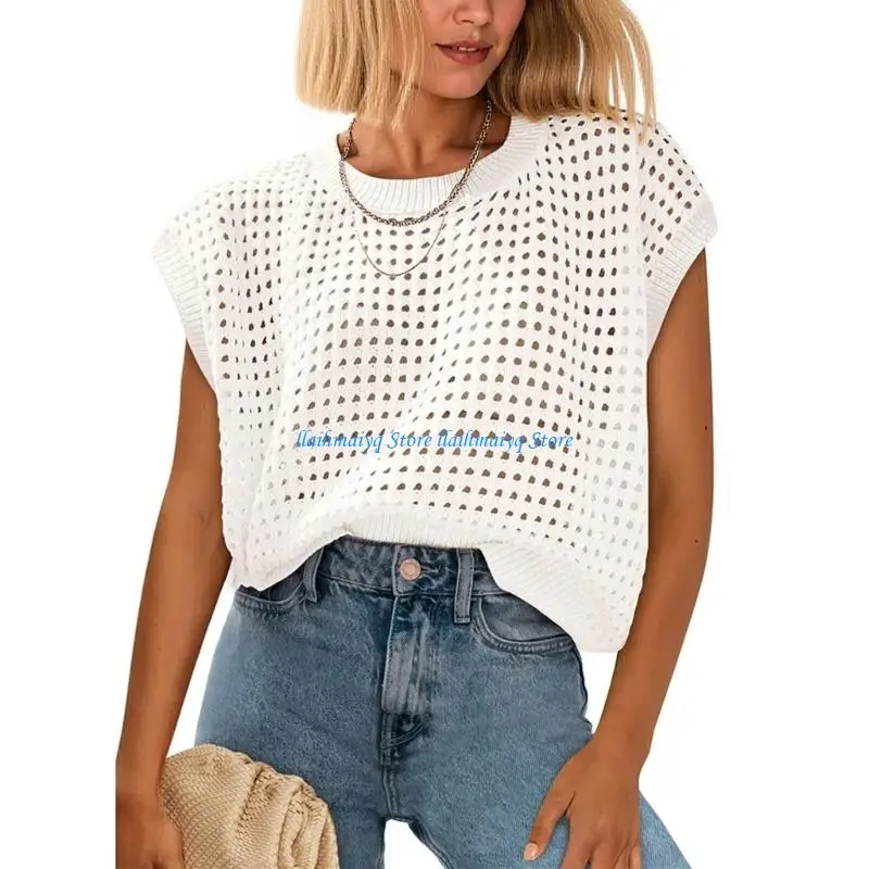 573B Womens  Crochet Top Hollow Out Cap Sleeve Cover Up Top Pullover Sweater Vest Beach Vacation Clothes