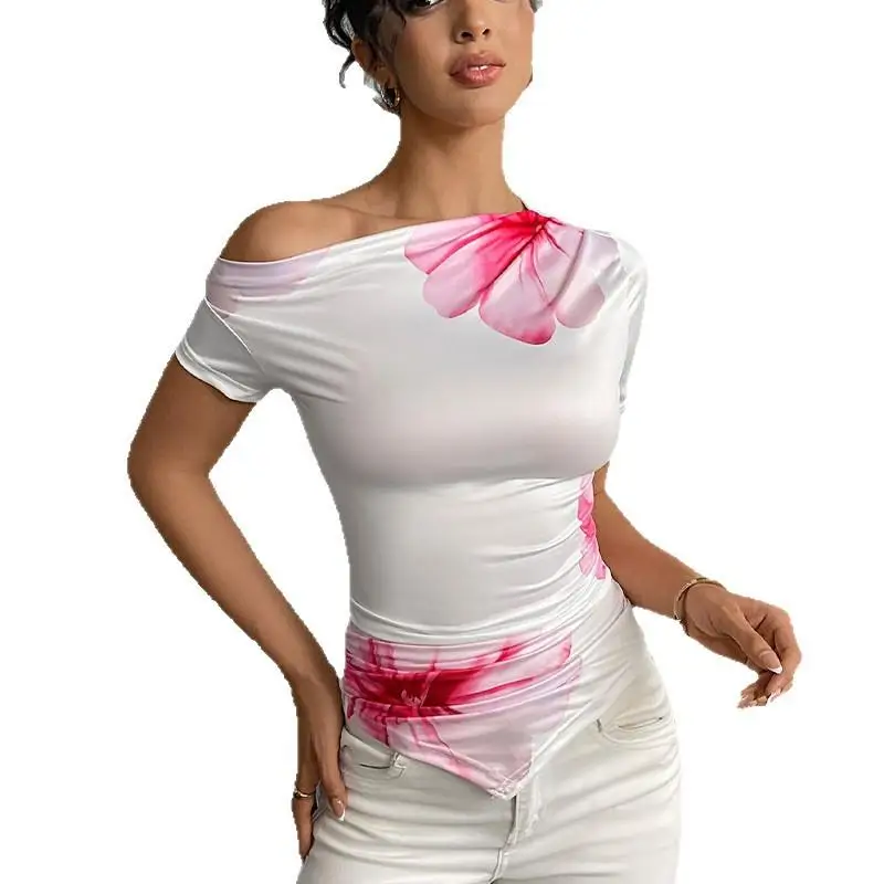 T-shirt imprimé en Polyester pour femmes, style européen, avec huiles inclinées et ort Sves, pour les déplacements de voyage, haut pour dames