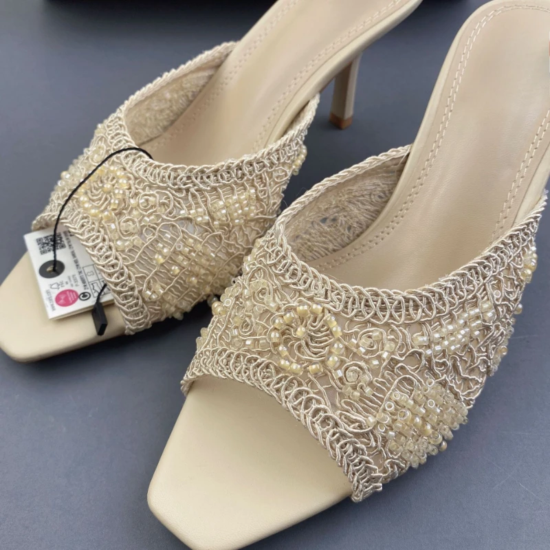 Women Beaded Lace Mule Heels Peep Toe Pearl Crochet Slip-On Sandals 2026 Nude High Heel Mules Wedding Party Backless Dress Shoes view 5