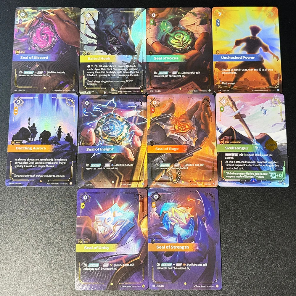 3PCS Riftbound Gear Spell DIY Game Foil Cards Anim Textured Cards Unchecked Power Seal of Discord/Focus/Insight/Rage Svellsongur