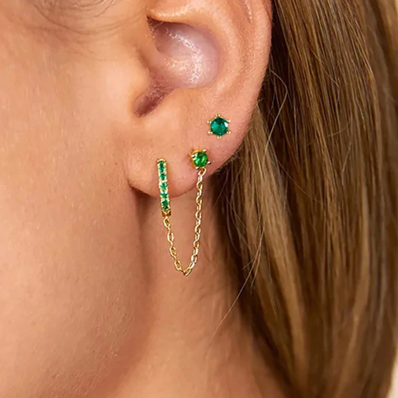 1PC Mode Doppel Loch Kette Quaste Ohrring Für Frauen Edelstahl Frische Grün Weiß CZ Zirkon Stud Ohrring Piercing schmuck