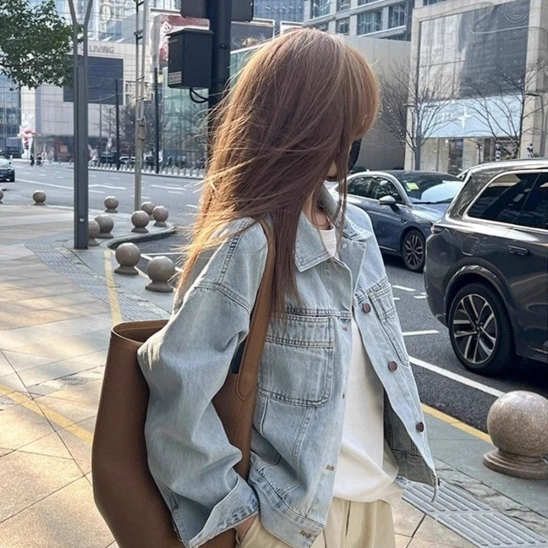

Women's 2025 Spring Autumn Korean Loose Fit Vintage Blue Denim Jacket Long Sleeve Casual Outerwear