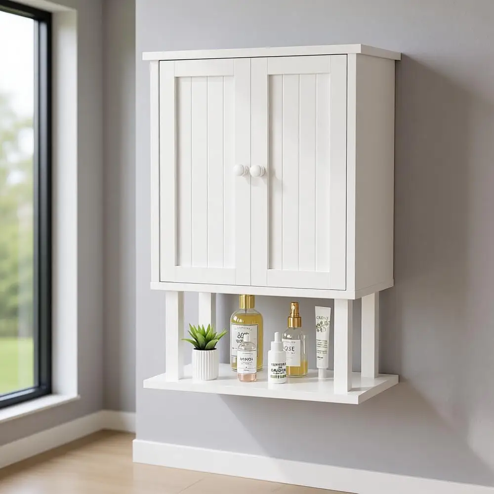 

Over-the-Toilet Bamboo Storage Cabinet with Adjustable Shelves, Wall-Mounted for Small Spaces, White, 9x15.7x23.8 Inches