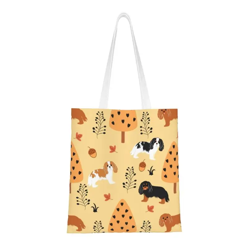 Cute Cavalier King Charles Spaniel In Autumn Shopping Tote Bags Recycling Cartoon Dog Canvas Grocery Shoulder Shopper Bag