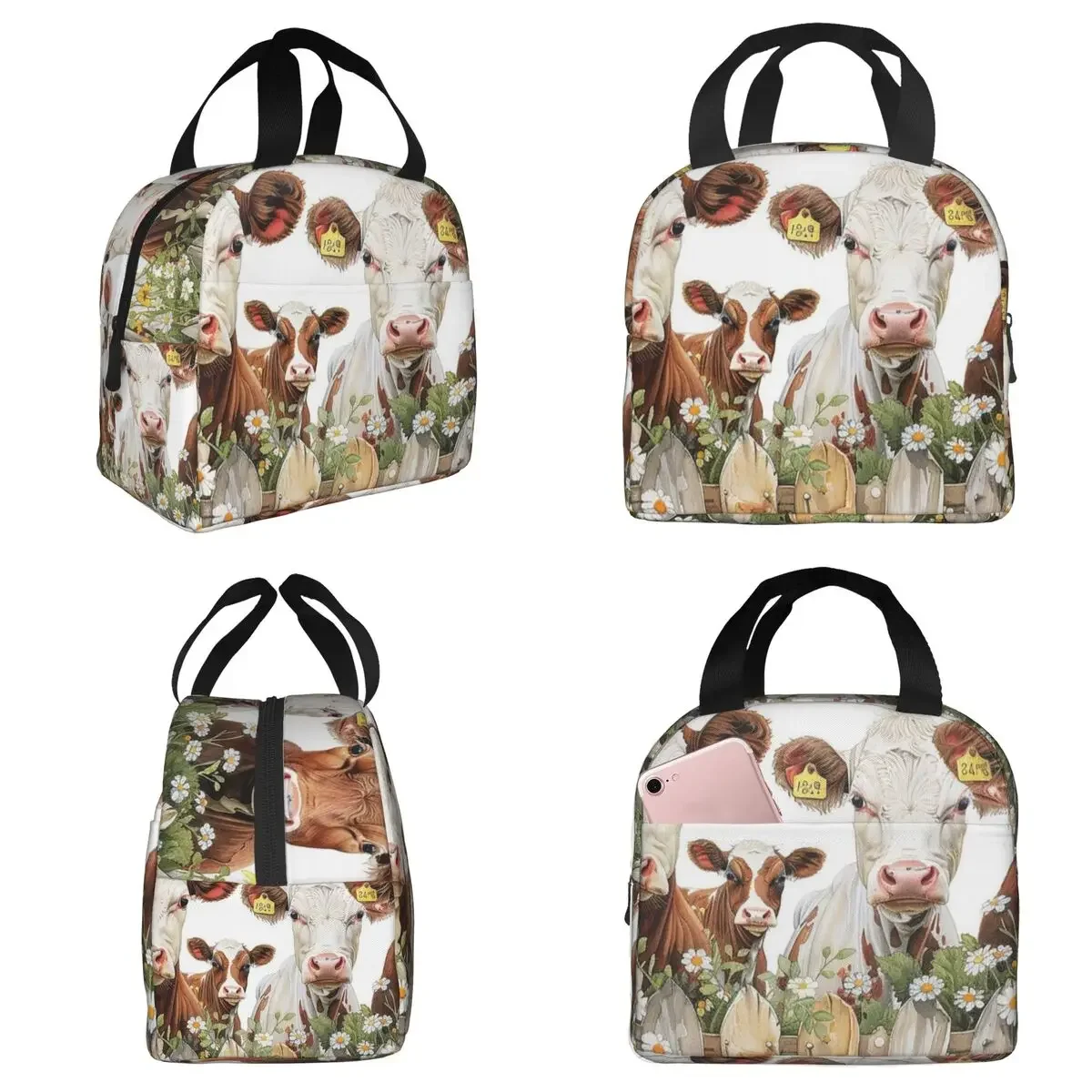 Cute Cow Fence Flower Pattern Insulated Lunch Bag for Kids School Cooler Thermal Food Box Tote Leakproof Lunch Boxes Container