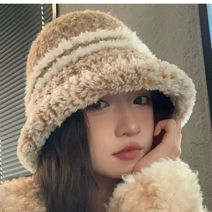 귀여운 도파민 컬러 니트 어부 모자, 한국 벨벳 가장자리 귀 보호 대야 모자, 소녀 따뜻한 꽃, 가을 겨울