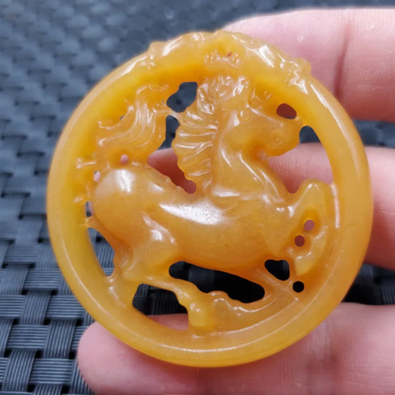 Jade Pendant Yellow Dragon Jade Chinese Zodiac Horse Pendant Double-Sided Carved Win Instant Success Pendant Hollow Jade Pendant