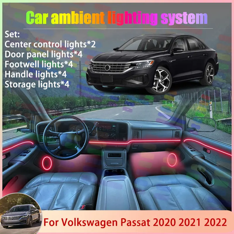 

Для Volkswagen VW Passat MK2 2th 2020 2021 2022 2/18 в 1, автомобильная атмосферная лампа, RGB абажур, ансамбль, стример, атмосферный набор