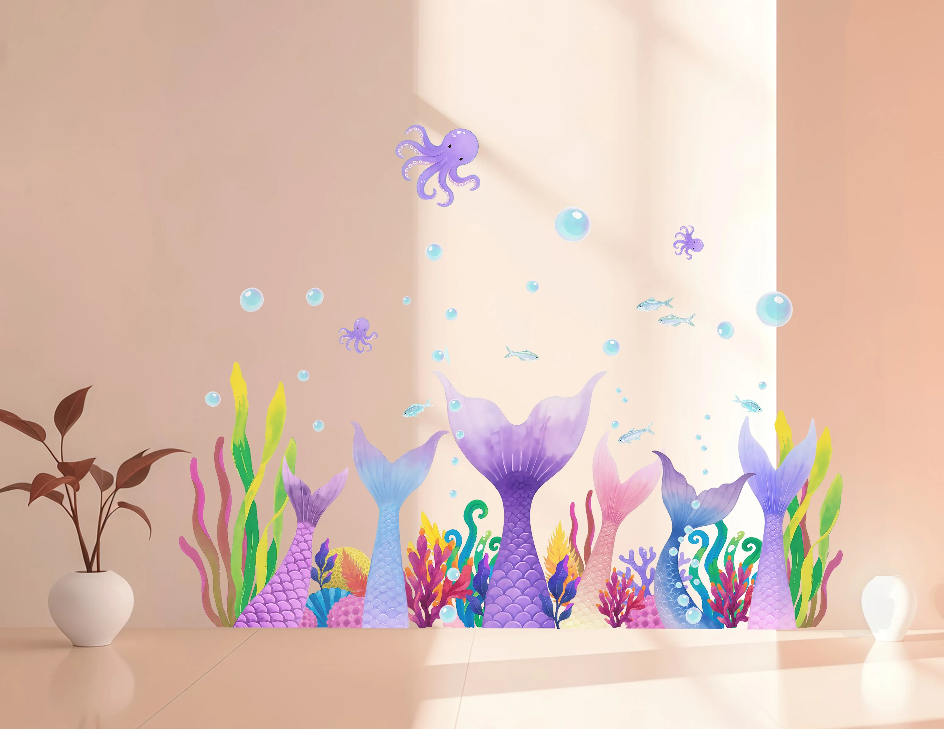 New Dreamy Ocean Mermaid Tail Seaweed Bubble Octopus Water Home Decoration Wall Stickers Room Decoration Door Stickers Bedroom L