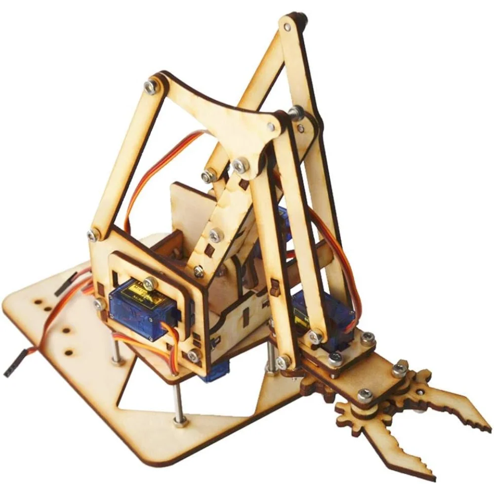DIY Robot Arm Kit 4DOF Wooden Mechanical Arm with SG90 Servo, Assembled Robotic Arm Compatible With Arduino, Raspberry Pi
