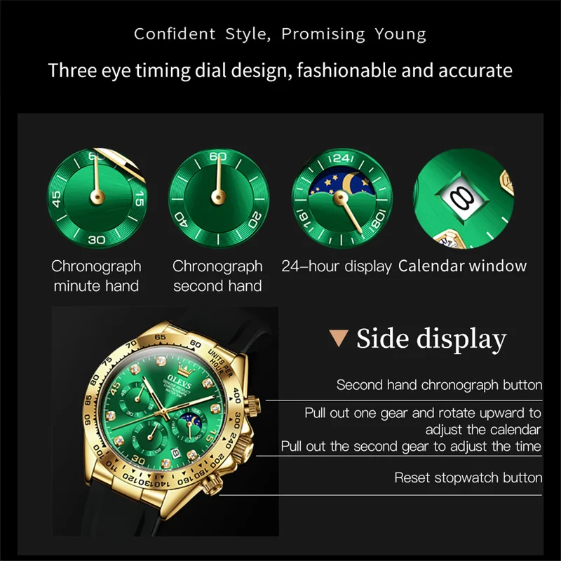 Imagem -06 - Olevs Top Marca Calendário de Luxo Moon Phase Homens Ver Esporte Militar Quartz Verde Relógios Homens à Prova d Água Case de Aço do Ouro Relógio