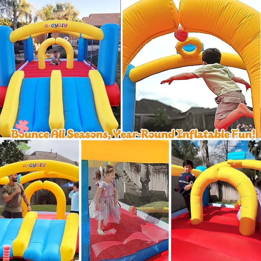 3-12세용 에어바운스, 12.3피트x9피트 장애물 에어바운스, 듀얼 레이싱 슬라이드와 농구 링이 있는 바운시 캐슬 점프 하우스