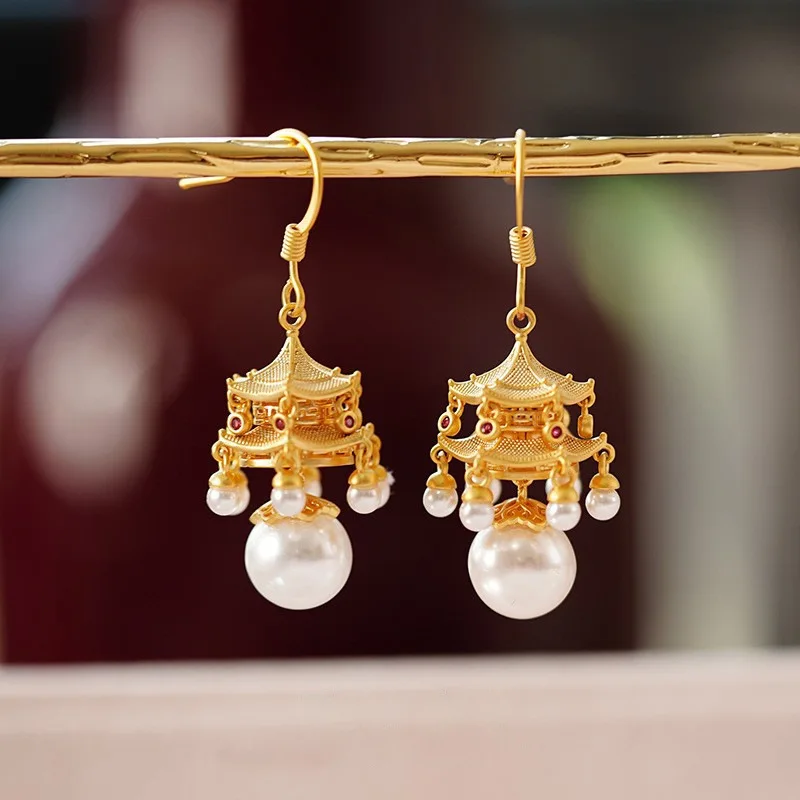 

Chinese palace style unique design hexagonal pavilion women's earrings retro accessories