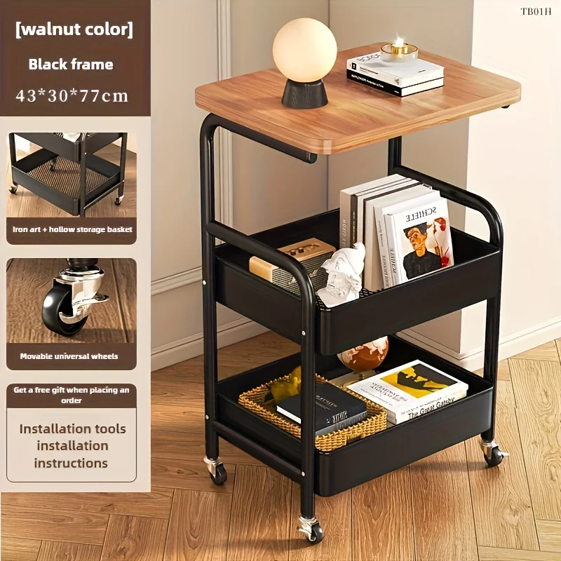 Mobile 3 Tier Utility Cart with Desktop Heavy Duty Carbon Steel Rolling Storage Shelf for Tools Snacks in Home and Office Spaces