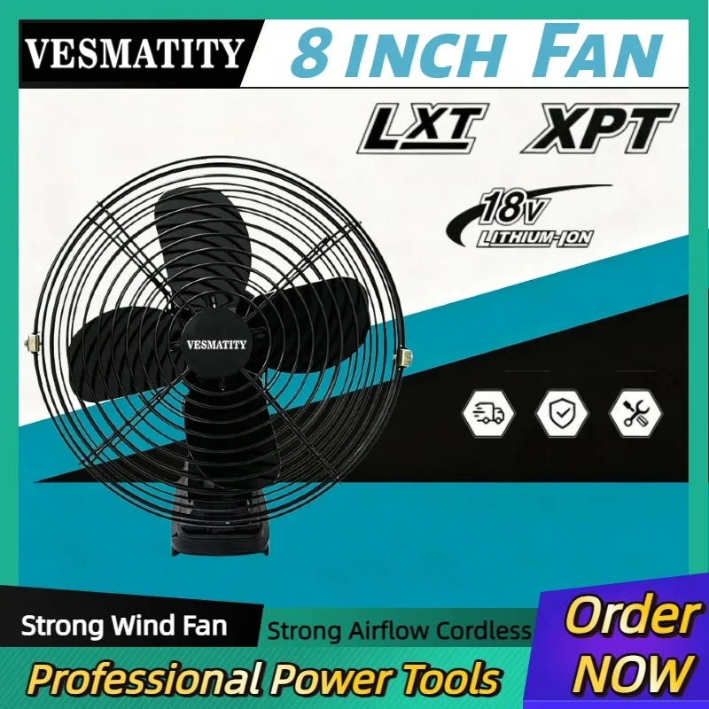 Metal Portable 8-Inch Fan, Strong Airflow, Cordless Outdoor Fan for Camping, Fishing, Workshop & Desktop for Makita 18V battery.