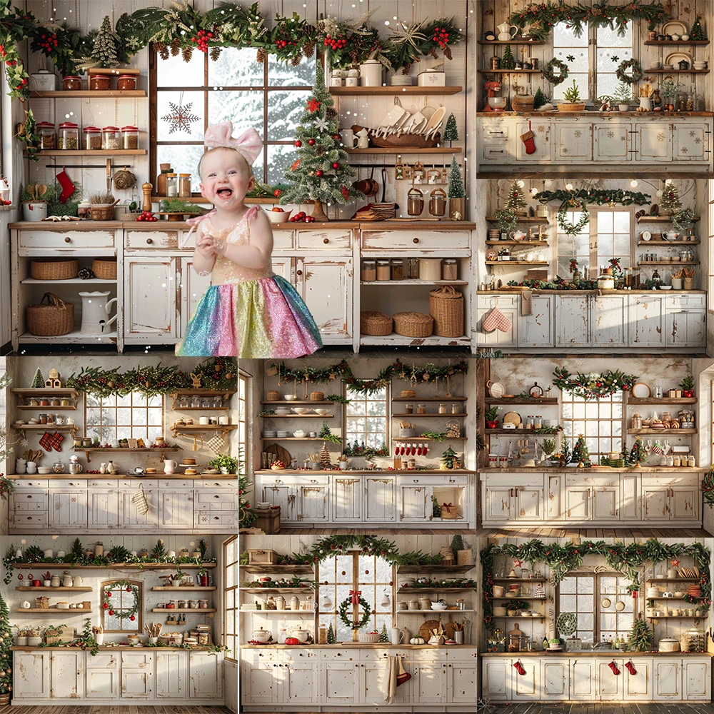 Christmas Kitchen Photography Background Garland Cabinet Xmas Tree Party Decoration Supplies Family Portrait Studio Props