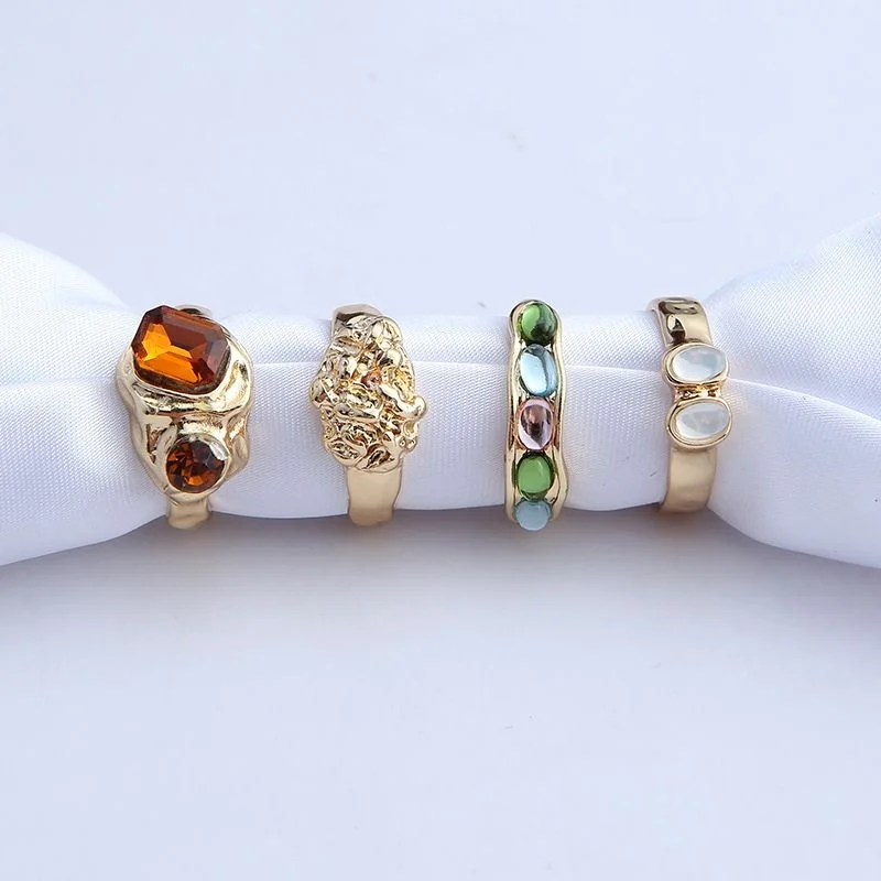 

Fashionable Multicolor Resin Ring Set for Women Unique Design Vintage Style Finger Ring Jewelry Alloy Embedded Artificial Gem