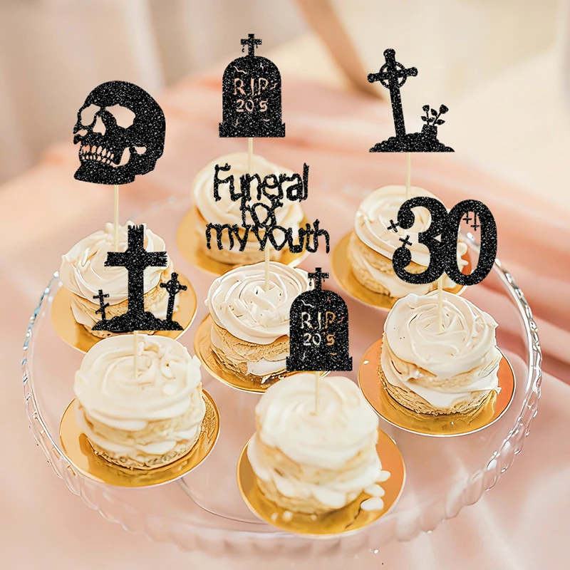 YOMDID 24 Stück Death To My 20S Kuchendekorationen, RIP 30. Geburtstag Cupcake-Topper, Gothic Geburtstags-Cupcake-Deko