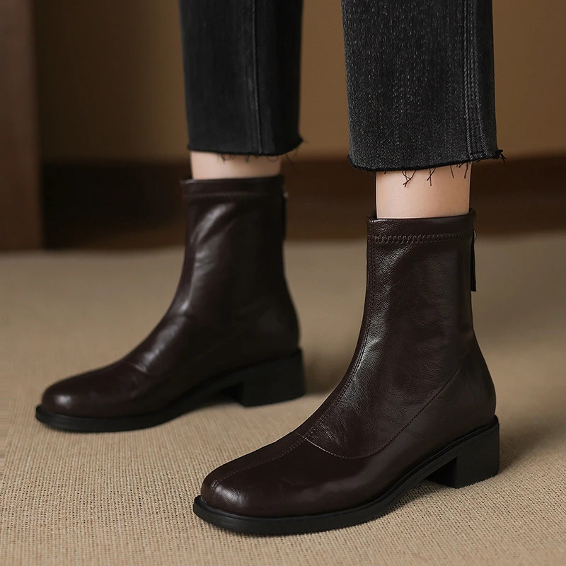 

Women's new autumn and winter round toe and calf zipper elastic leather retro short boots elastic boots slim boots