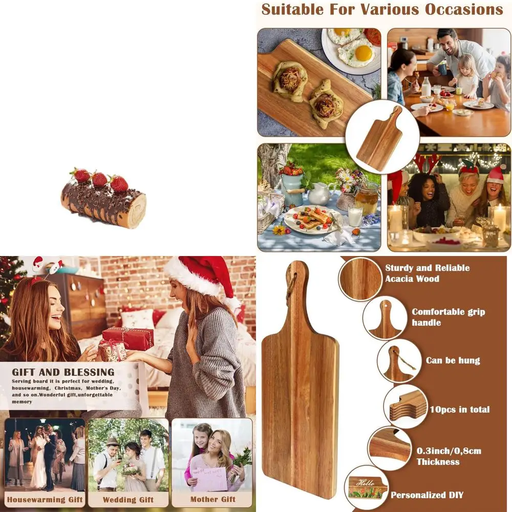 

Set of 10 Acacia Wood Cutting Boards, 15x7 Inches with Handles, Large Serving & Chopping Boards for Kitchen Use