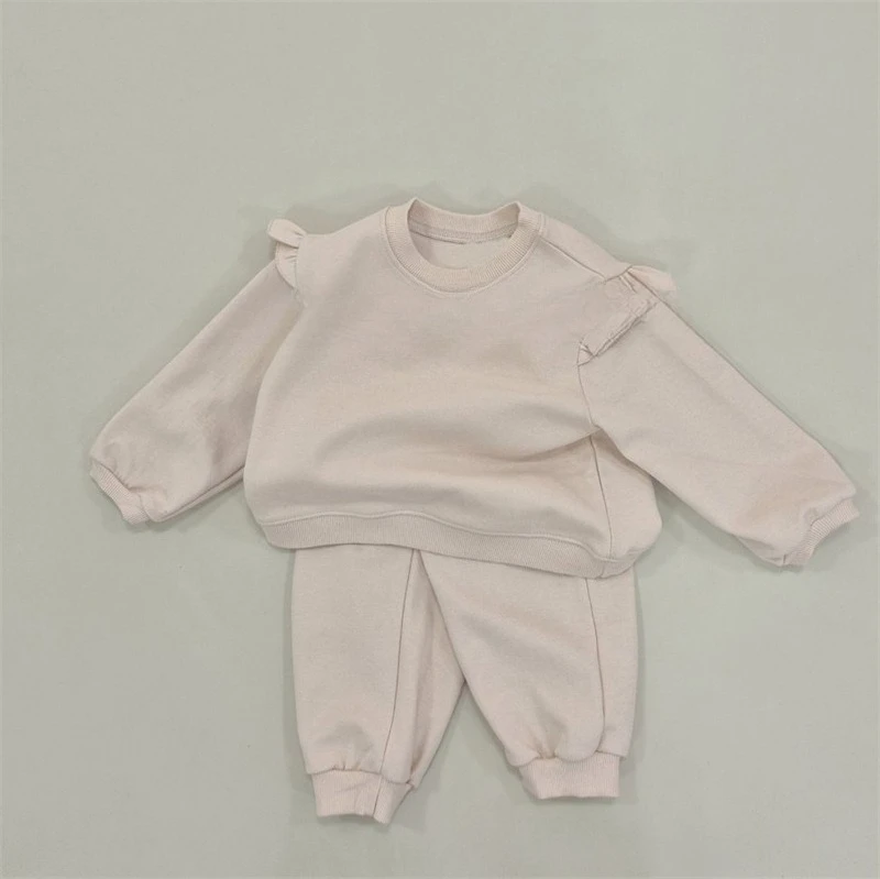 2025 novas meninas cor sólida conjunto com capuz outono em torno do pescoço manga longa pulôver & calças roupa de duas peças idades 2-6