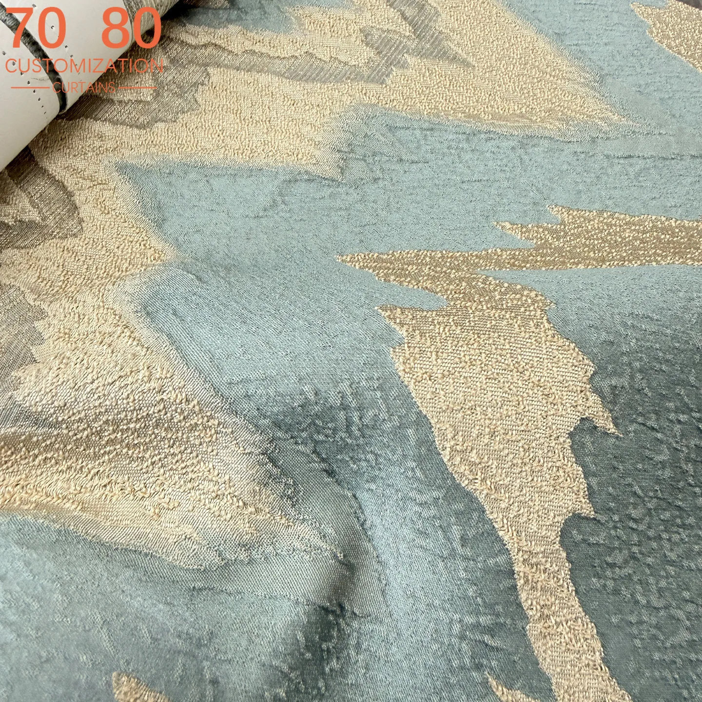 New Wave Pattern Blue Jacquard Blackout Curtains for Living Room Bedroom French Window Partition Curtain Customization