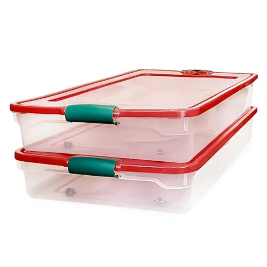 

Набор из 2 пластиковых контейнеров для хранения под кроватью объемом 60 кварт с зелеными защелкивающимися крышками, прозрачные, на колесиках, для организации дома