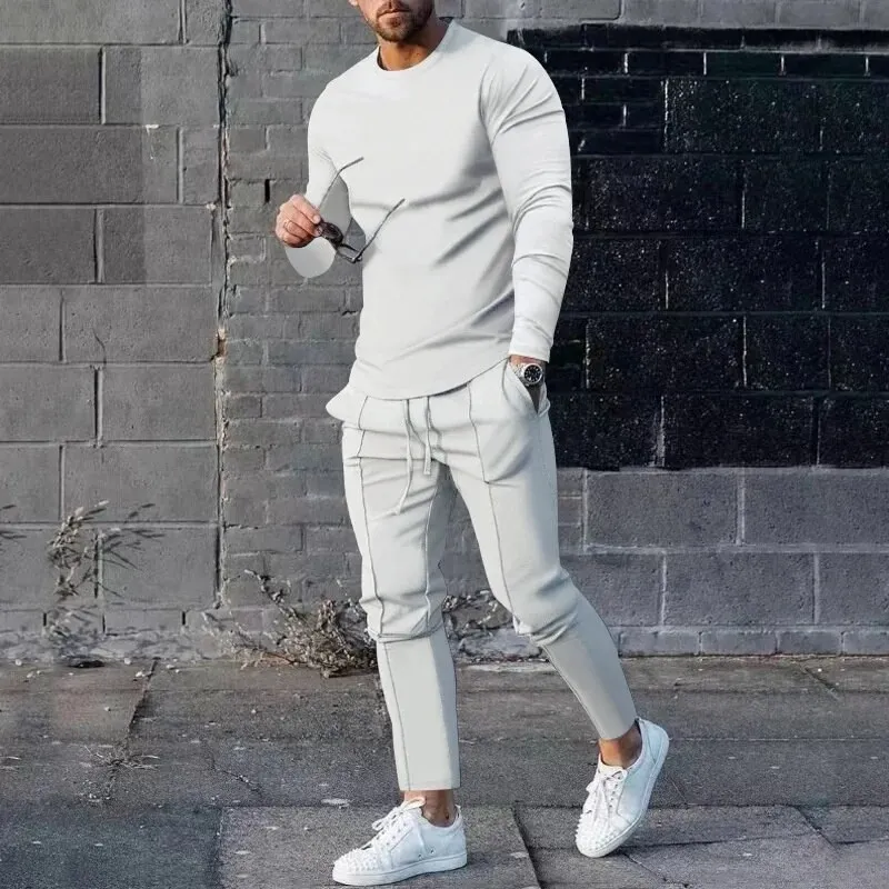 Solid Color Men Suit Long Sleeve T-shirt Long Pants 2 Pieces Set Tracksuit Casual Male Streetwear Oversize Sweatshirt Clothing