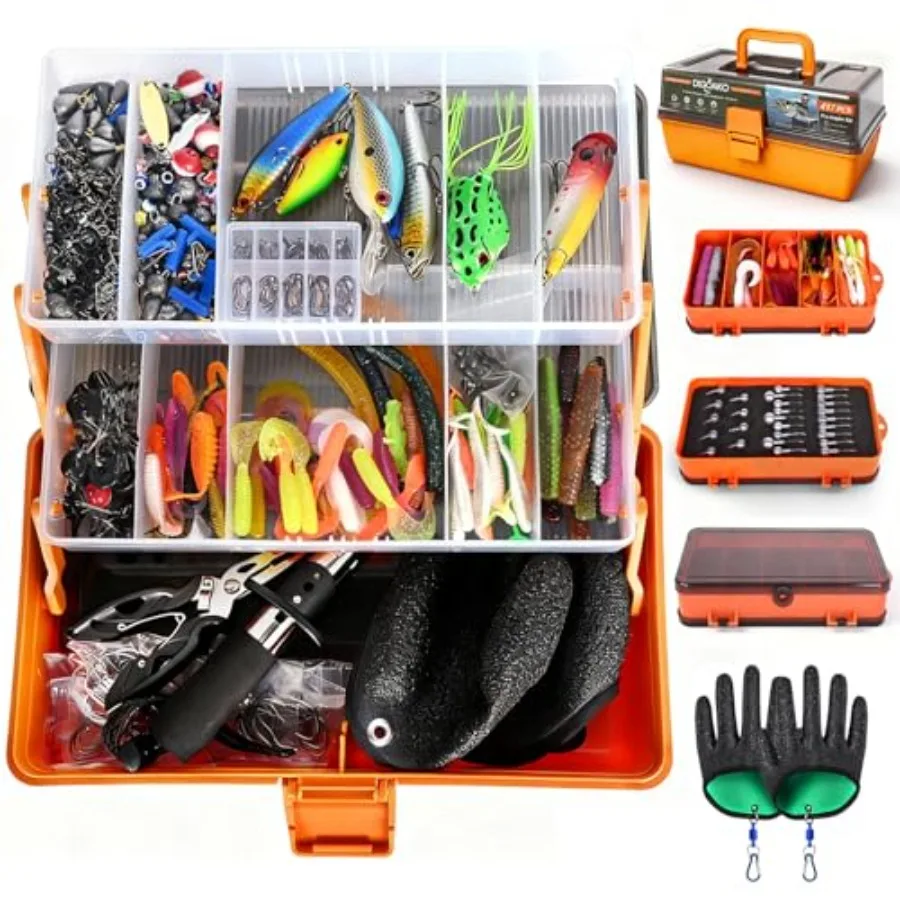 

Large Fishing Tackle Box Kit with 3Layer Organizer and Small Box Featuring 417Pcs Includes Gloves Fishing Lures Hooks Weights B