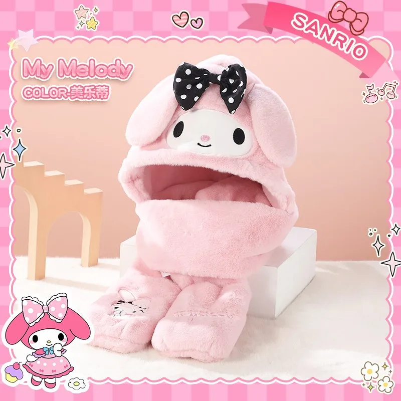 MINISO New Sanrio Series Girls Casual Plush Scarf Gloves Cartoon Kuromi Cold Insulation Three-Piece Set Fashion Gifts for Girls