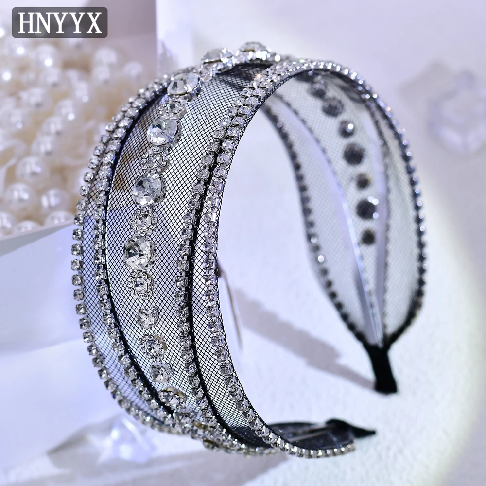

HNYYX Rhinestone Mesh Headband Black Luxury Wide Hair Hoop Trendy Hair Accessories for Wedding Bridal Party Hair Jewelry A63