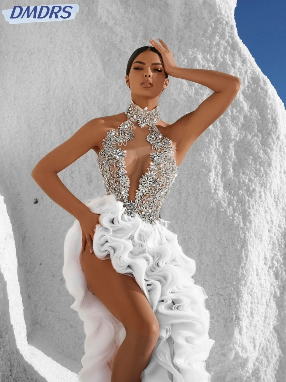 

Beaded Rhinestones Long With Ruffles Evening Dress Sexy Halter Side High Slit Prom Dresses Customized Cocktail Gown For Women