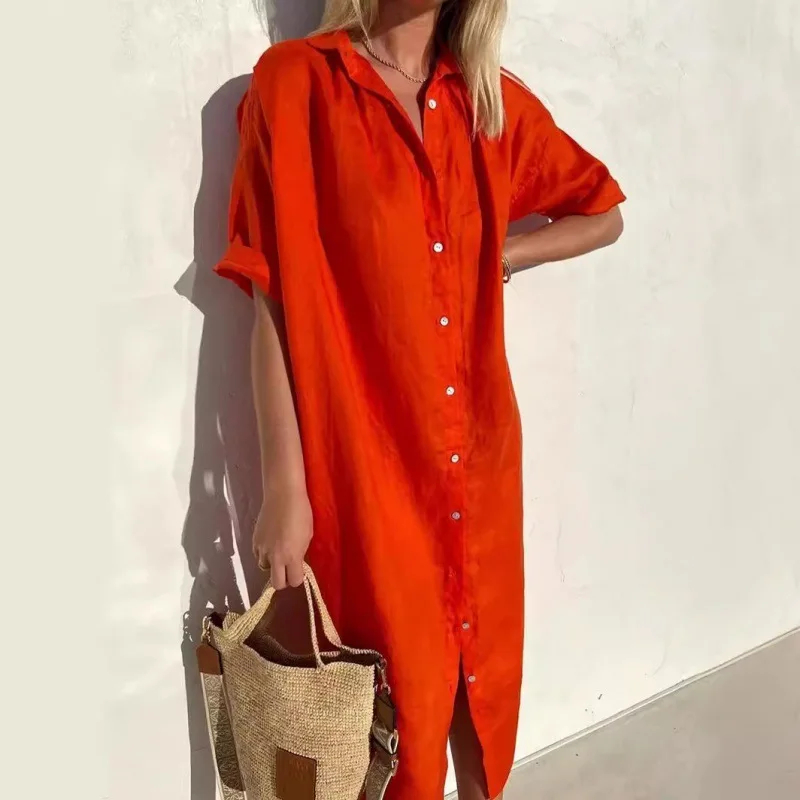 Spring Summer Long Shirt Dress For Women Office Commuting Versatile Short-sleeved Button Elegant Casual Pocket Solid Color Dress