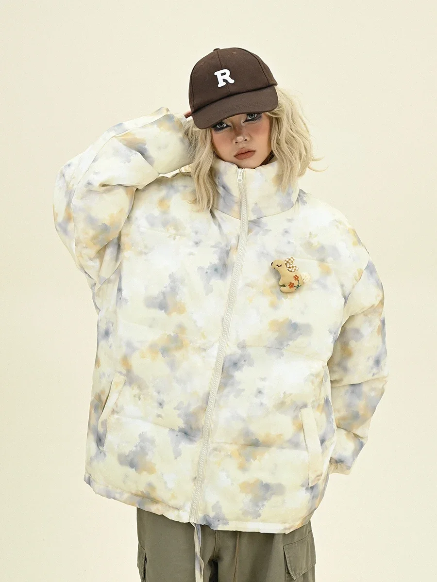 Tie-Dye-Cartoon-Stehkragen PARKAS Damen 2024, Winter, neu, locker, Bf, amerikanisch, Retro, verdickt