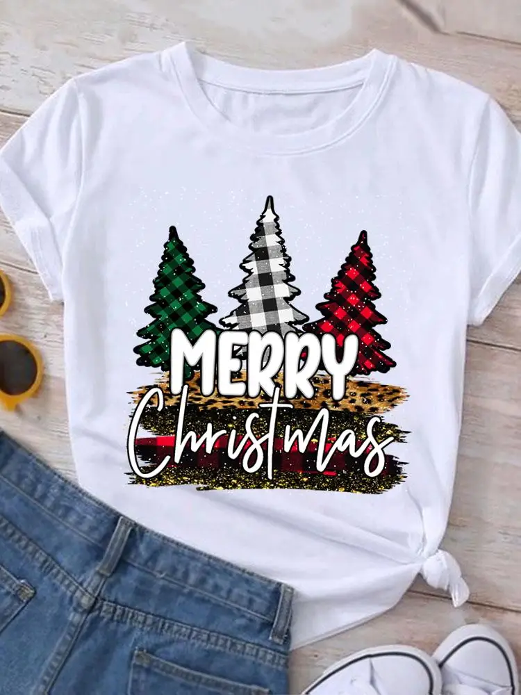 

Plaid Tree Trend Cute 90s Clothing Merry Christmas Women T-shirt New Year Fashion Print Happy Holiday Top Tees Graphic T Shirt