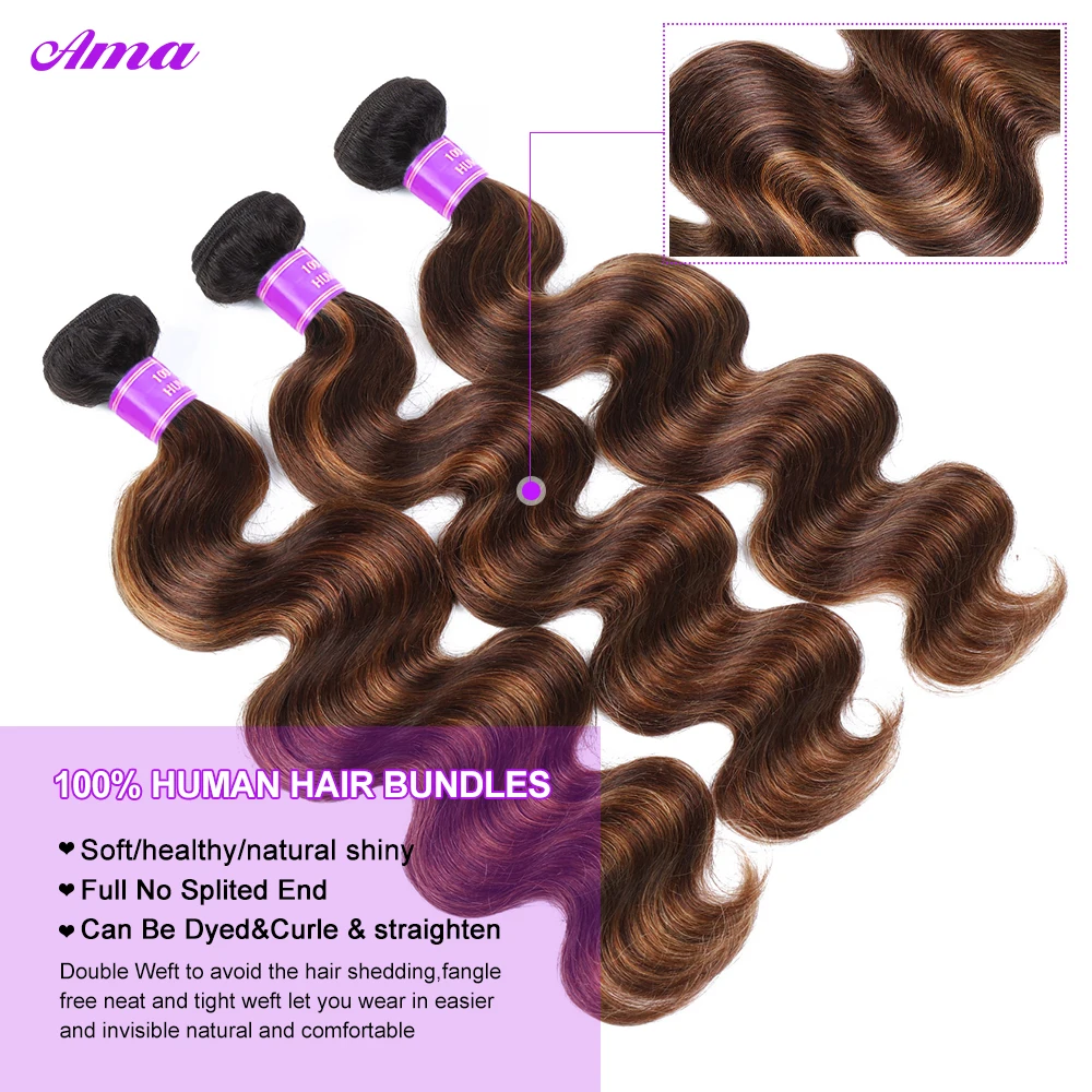 FB 30 Brown Highlight Body Wave Bundles Ombre Colored Human Hair Bundles 1 3 4 Bundles Deal Piano Color Remy Human Hair Weave