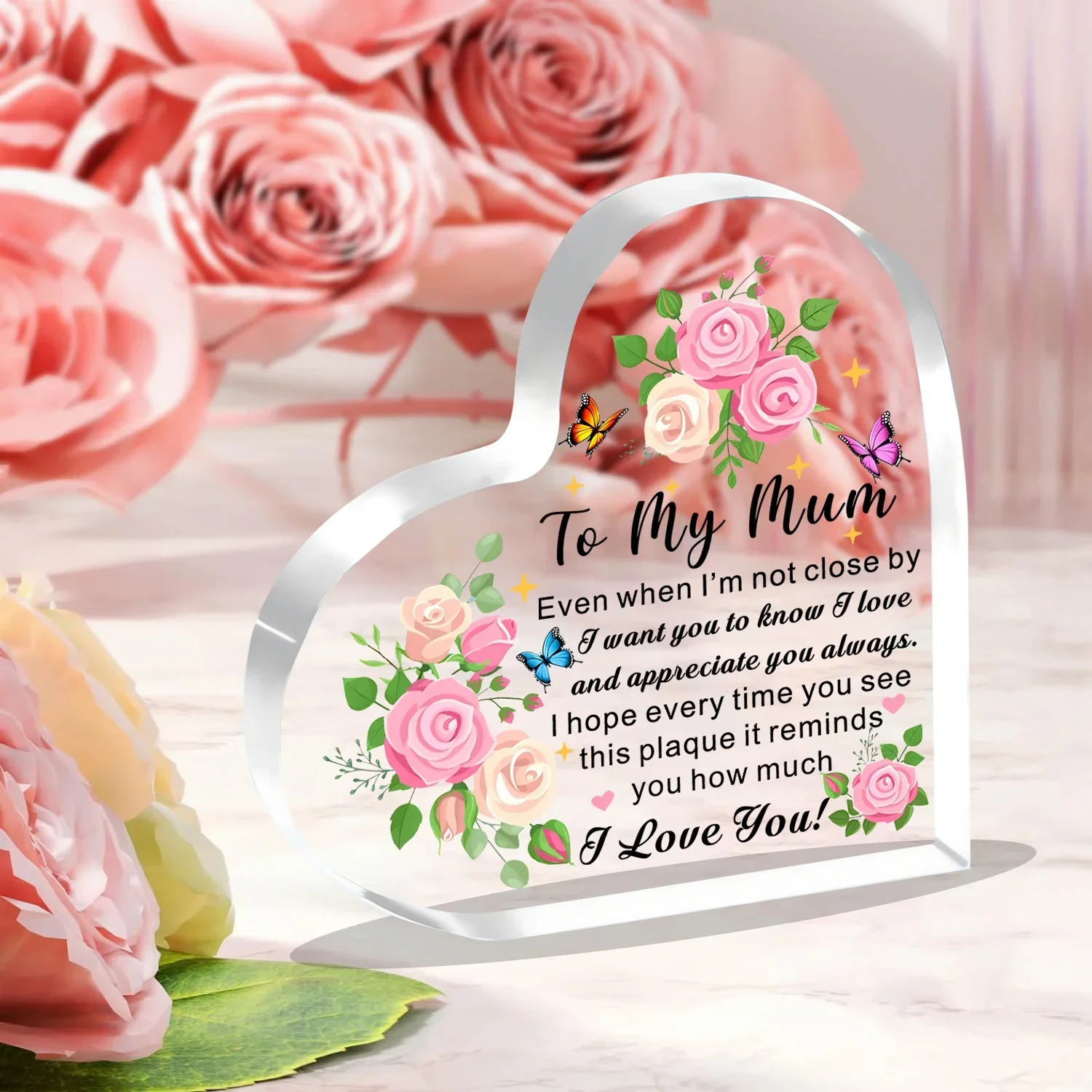 Pink Rose Butterfly Heart Acrylic Plaque To My Mum Loving Words Desktop Mother Gift