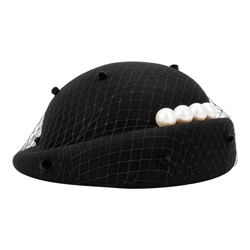 

2025 French Style Face Veil Wool Fedoras Headpiece Women Royal Cocktail Party Winter Wool Pillbox Pearls Beret Cap Wedding Hat